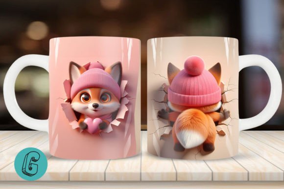 3D Fox Valentine Mug Wrap 2 Sided: Creative Digital Design