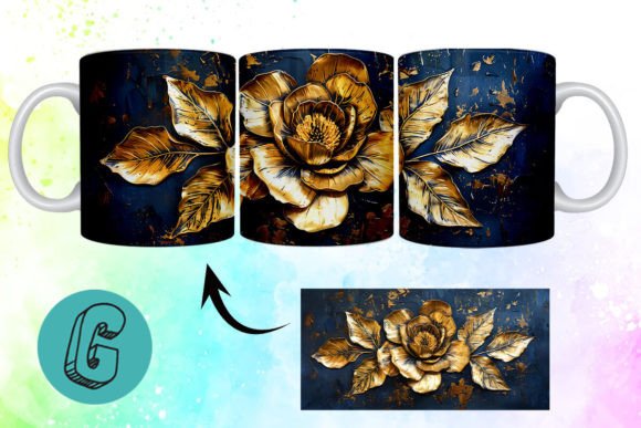 Elegant 3D Oil Paint Gold Flower Mug Wrap Design