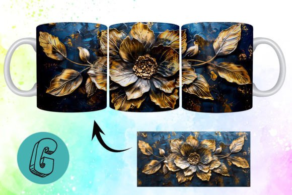 Stunning 3D Oil Paint Gold Flower Mug Wrap for DIY